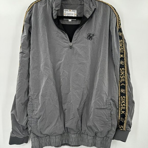 SIKSILK Gray Spellout‎ Stripe Nylon Quarter Zip Jacket Size Large - Picture 5 of 10